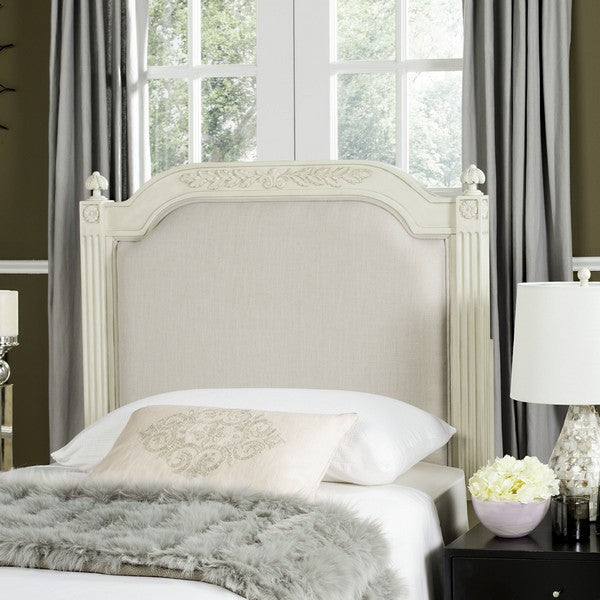 Antique Beige Wood Beige Linen Headboard