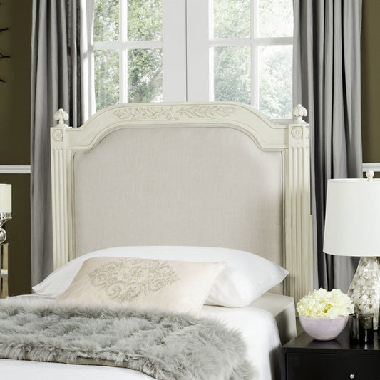 Antique Beige Wood Beige Linen Headboard